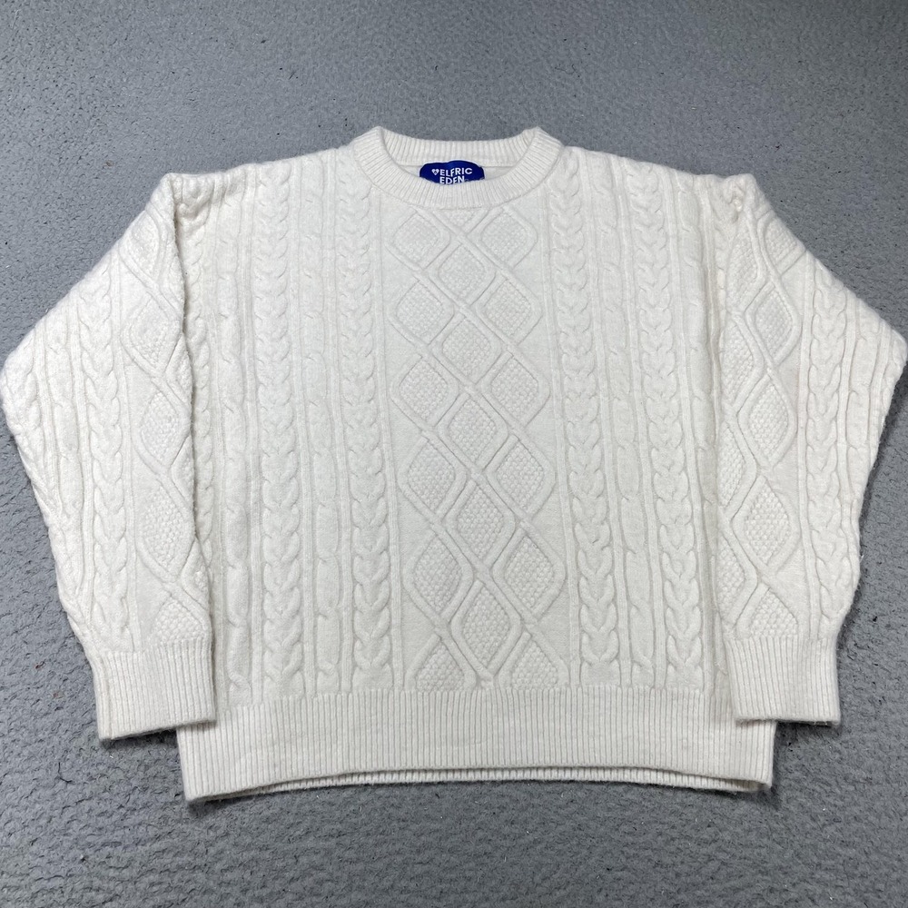 ELFRIC EDEN Sweater Mens XS White‎ Acrylic Cable Knit Crewneck Pullover Warm